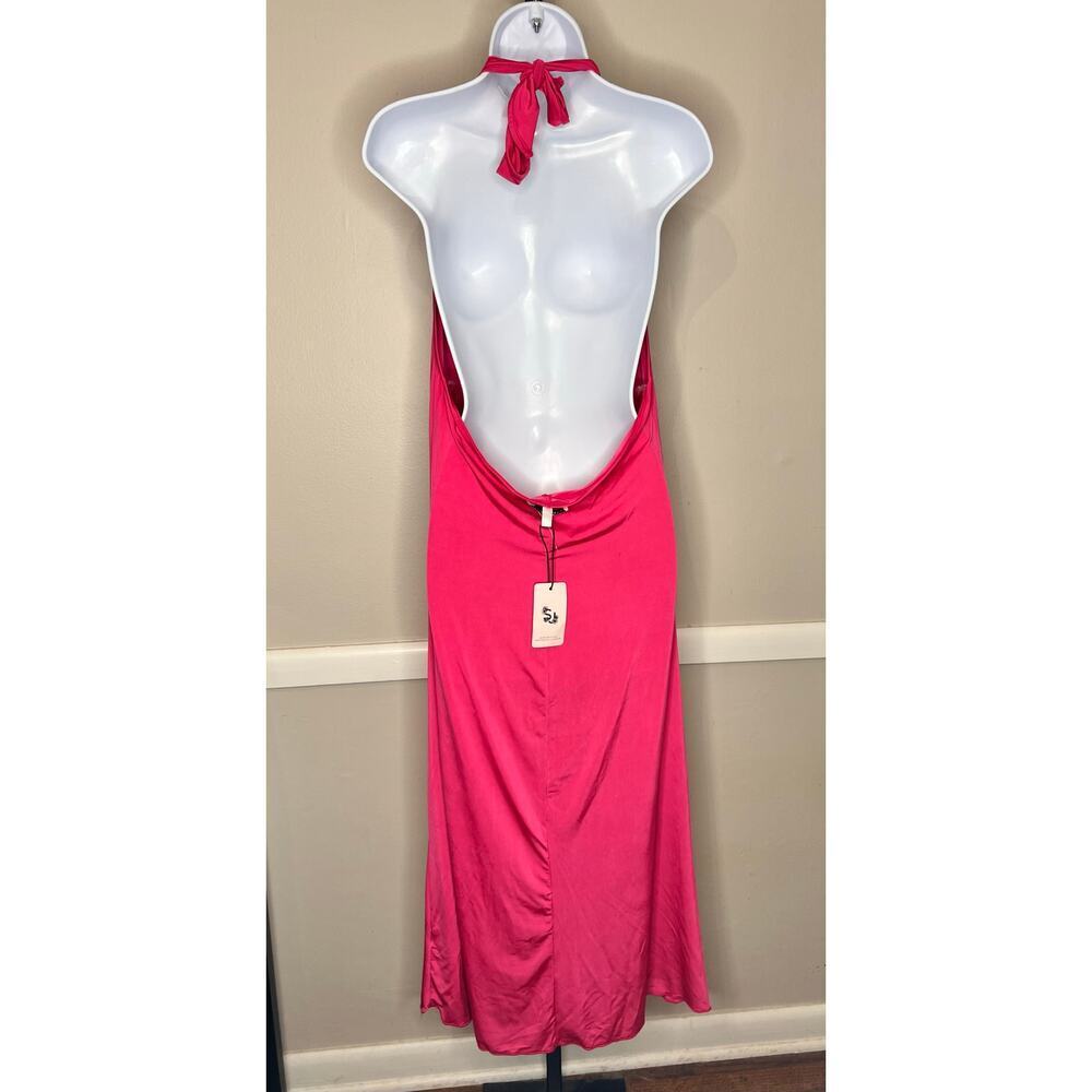 ☀️Sincerely Jules Hot Pink Halter Tie Neck Cowl Neck Slip Midi Dress Size L NWT - Picture 3 of 6